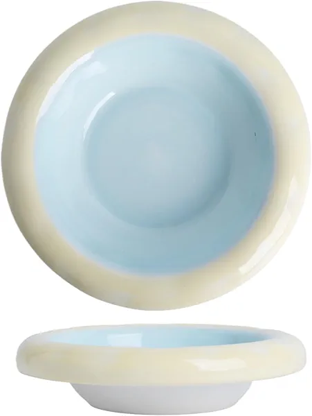 KITCHENLESTAR 6-Inch Ceramic Cat Food Bowl,6 Oz Wide Shallow Cat Bowls,Whisker Fatigue Relief,Anti-Vomiting Design,Spine Protection for Cats,Dishwasher and Microwave Safe,Set of 1(Blue and Yellwo)