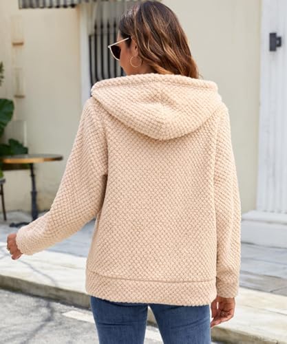 Damen Winterjacke Hoodie Fleecejacke Warm Wintermantel Stilvoller Pullover Strickjacke Reißverschluss Plüschjacke Herbst Kurz Mantel Winter Jacke Oberteile Mode Kapuzenjacke Mit Taschen (Aprikose, XL)