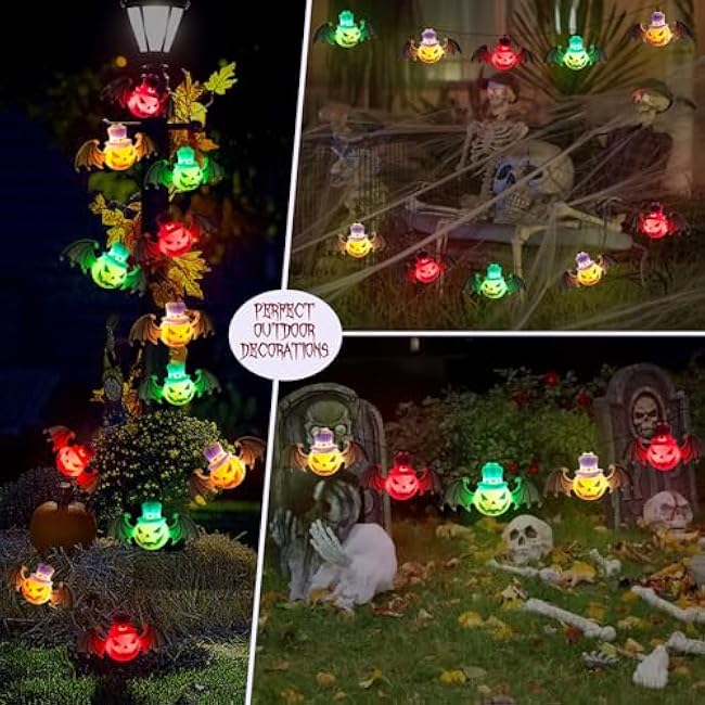 Solar Garden Lights for Halloween Decorations Outdoor, 20LED 18Ft 3D Scary Devil Pumpkin Bat Solar String Lights, Halloween Solar Lights Outside for Home Yard Garden Party Gifts Decor(Red Green White)