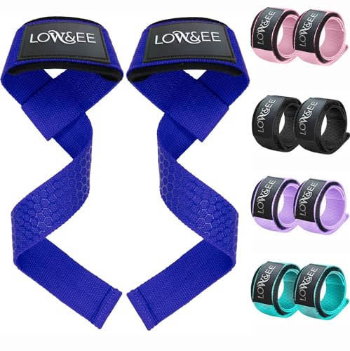 LOW&EE® Straps Gym - Correas Levantamiento de Pesas - Straps Powerlifting - Straps acolchada de neopreno y silicona antideslizante - Accesorios Gym para Mujeres y Hombres - Lifting Straps (Azul)