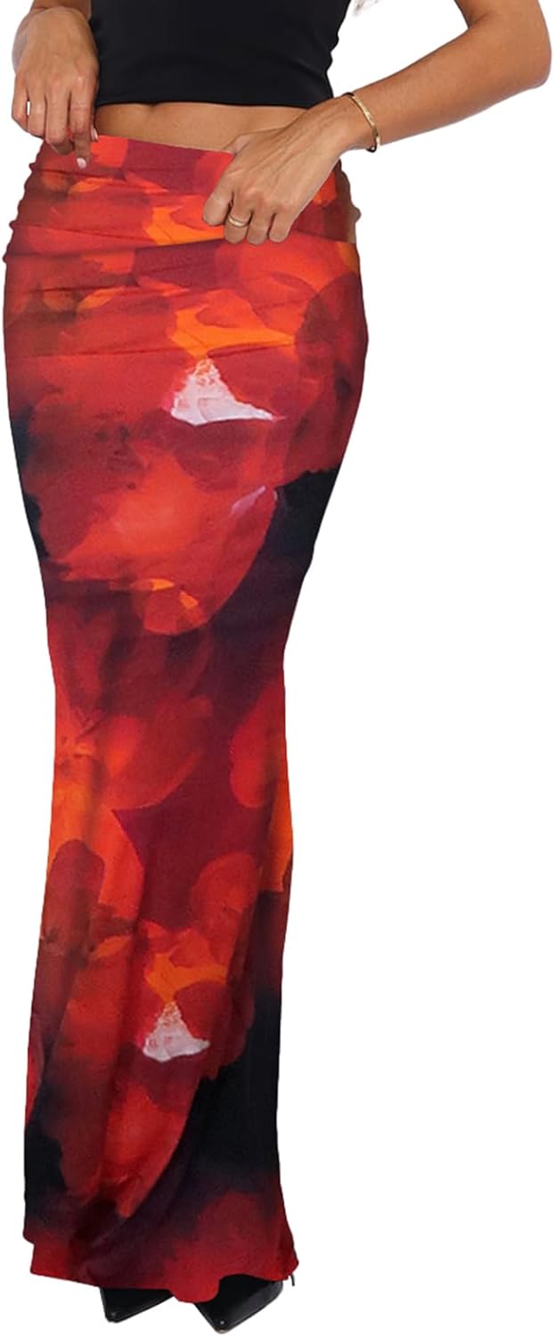 Bodycon Maxi Skirts for Women, Foldover High Waist Floral Leopard Cheetah Print Sexy Club Long Y2k Skirt