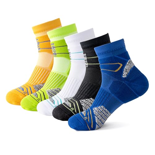 Performance Sports Socks 5-Pack - Shock-Absorbing Anti-Slip Ankle Socks with Breathable Cotton Blend for Running, Gym, Basketball & Daily Wear