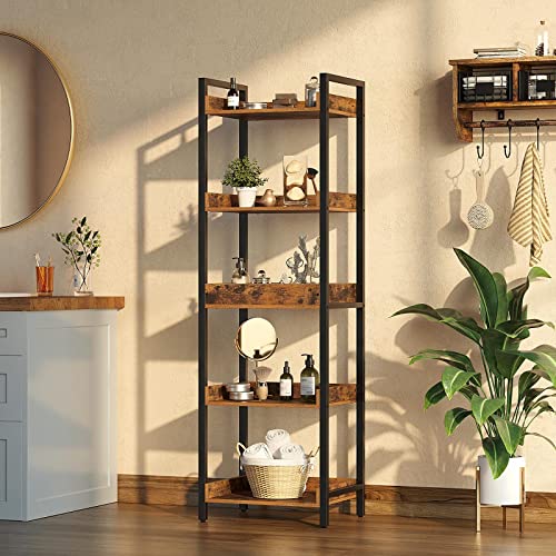 Rolanstar Bookshelf, 5-Tier Storage Rack, Narrow Corner Bookshelf, Display Wooden Shelves For Living Room, Bathroom, Balcony, Kitchen,Rustic Brown #TOP3