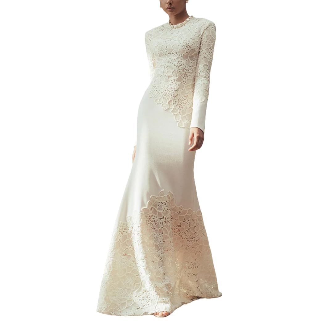 Women Solid Round Neck Long Sleeves Patchwork Hollow Out Dress