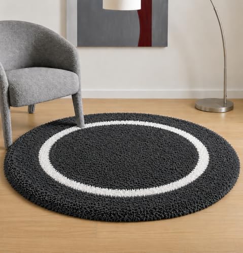 Image of Shaggy Polyester Microfiber Round Rug Carpet for Living Room | Ultra Soft Fluffy Plush Area Rug | Anti-Skid Non-Slip Backing | Washable Carpet for Bedroom- (3x3 feet, Ring Grey, Round)