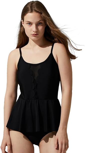 Black One Piece Swimsuit for Women Swim Dress Scallop Tummy Control Skirt Bathing Suit Adjustable Strap