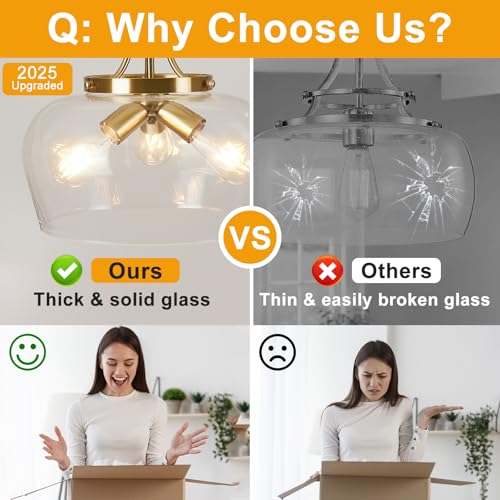 Image of Modern Pendant Lights Kitchen Island, 3-Light Brushed Gold Pendant Light Fixtures with 14.2 inch Clear Glass Shade, Industrial Hanging Pendant Lights Fixture for Kitchen Island Dining Room Entryway Foyer