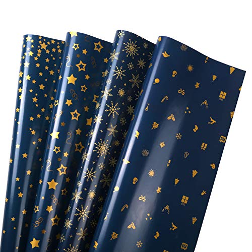 GWHOLE 16 Hojas Navidad Papel para Regalos Papel de Aluminio Embalaje Papel Regalo Serie de Navidad Azul Oscuro Ideal para Envolver Cajas de Regalo, Intercambiar Regalos Embalaje