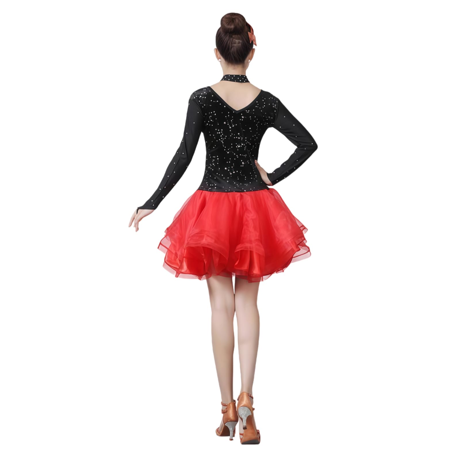 Abito da Ballo Latino per Donna, Vestito Intero Nero E Rosa con Strass E Gonna Corta A Strati, Abito Scintillante per Esibizioni di Cha-Cha, Rumba E Samba