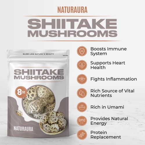 Naturaura - 8 Oz Of Large Premium Whole White Flower Dried Shiitake Mushrooms - Great Tasty, Healthy, Nutritious & Umami Rich Protein Substitute, Vegan, Keto Friendly, Gluten Free - Grade Aaa #TOP1
