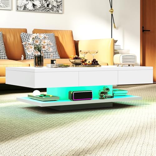 Oyajia Couchtisch, Modern Sofatisch Wohnzimmertisch mit 2 Schublade, Wohnzimmertisch Hochglanz Modern, Beistelltisch Weiss mit Offenem Ausstellungsregal Weiß, 100 * 60 * 35cm(LED Nicht enthalten) – Bild 6