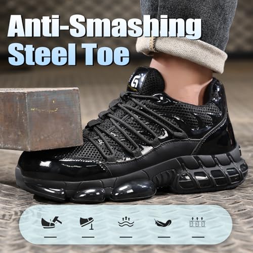 Image of Steel Toe Shoes for Men Lightweight Work Shoes Mens Breathable Puncture Proof Work Sneakers with Air Cushion Industrial Safety Construction Shoe for Men Glossy Black