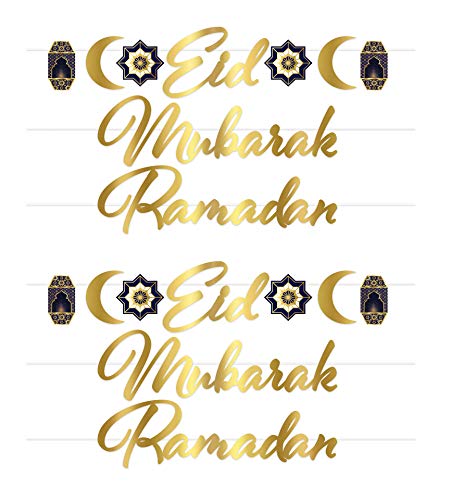 Beistle Foil Ramadan Streamer Set – 2 Pack, Elegant Gold Eid Mubarak and Ramadan Hanging Banners with Crescent Moons, Stars, and Lanterns, Islamic Party Decoration for Eid Celebrations, 7½” x 8’