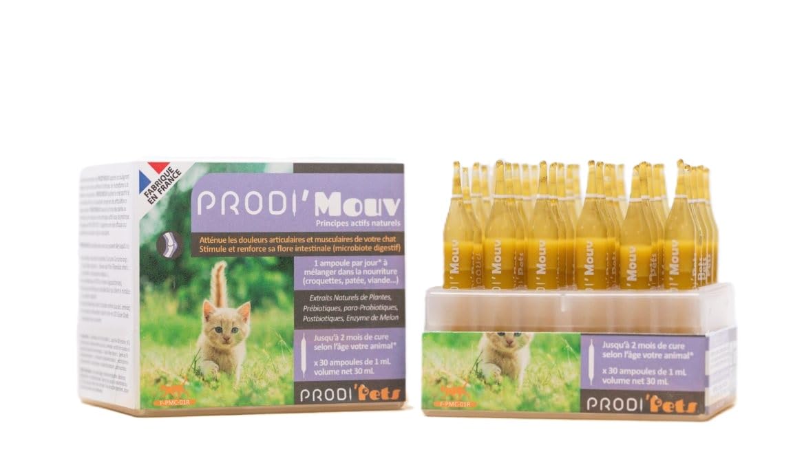 PRODI'MOUV Chat – Probiotiques et Extrait Végétaux Contre Les douleurs articulaires et Musculaires - Cure d'1 Mois - Complément Alimentaire pour Chat - 110 g -