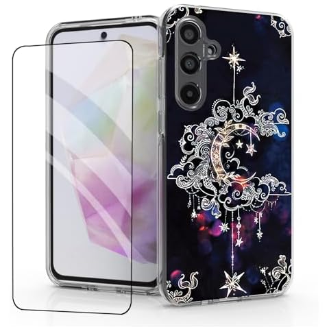 DDTKZC for Samsung Galaxy A35 5G Case，Samsung A35 5G Phone Case Tempered Glass Protector Lustre Pattern-Double Layer Sparkle Clear Shockproof Case for Samsung A35 5G (Black) Cover