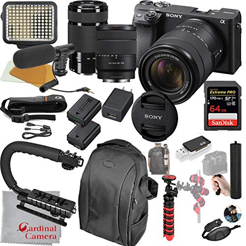 �J�[�f�B�i���J����-Sony Sony Alpha a6400 �~���[���X�J���� 18-135mm��55-210mm�����Y�r�f�I�o���h��+LED�r�f�I���C�g+�}�C�N+�ɑ��x64GB������(21�Z�b�g)�AILCE-6400M/B