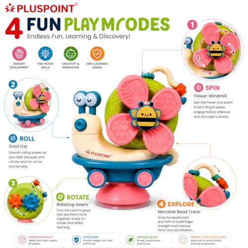 Image of PLUSPOINT 5-in-1 Baby Suction Spinner Toy Montessori Toys for Toddler Interactive Learning Set with Rattle and Sensory Play, Kids Travel Toys 6-12-18 Months Boy Girl Newborn Birthday Gift