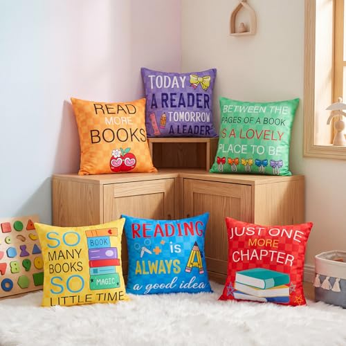 SiliFine Reading Throw Pillow Covers Set of 6, 18 x 18 Decorative Pillow Covers, Colorful Book Lover Reading Quote Pillows Cover for Classroom Decor, Library Read Room, Checkerboard Home Decor