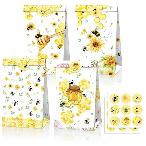 12 Pack Bee Theme Party Favors Bags, Bumble Bee Party Goodies Bags, Spring Themed Party Gift Bags, Sun Flower Pattern Paper Bags, Honey Print Treats Bags, Birthday Party Gift Bags Cover