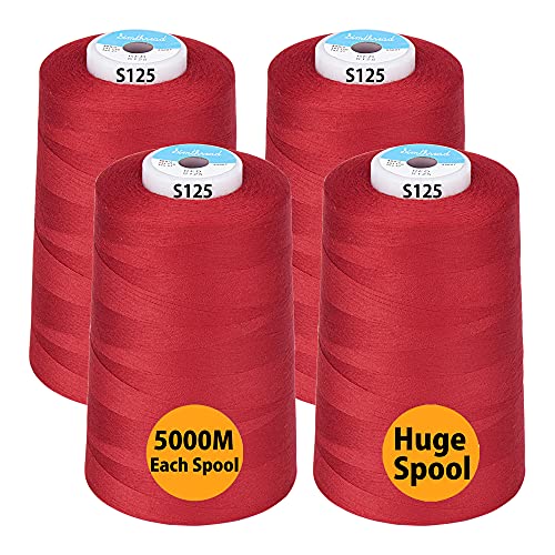 Simthread All Purpose Sewing Thread From 100% Spun Polyester For Serger, Overlock, Merrow, Quilting Sewing 4 Big Cones Of 5000M (5500 Yards) Each - 40S/2 Red #TOP9