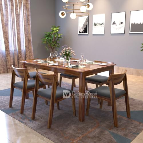 Image of DRIFTINGWOOD Liana Solid Sheesham Wood Dining Table 6 Seater | Wooden Six Seater Dinning Table with Grey Cushion Chairs | Dinner Table 6 Seater | Dining Room Sets | Self Assembly, Natural Finish