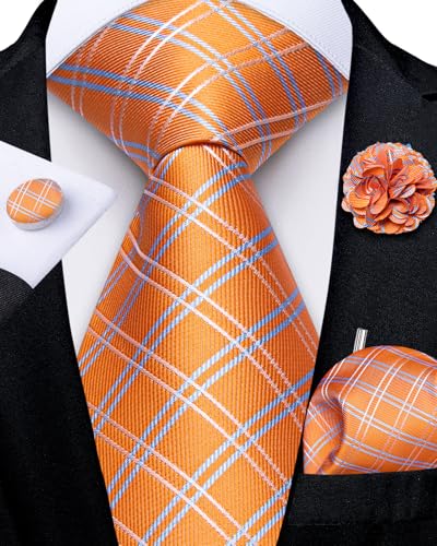 Image of DiBanGu Mens Zipper Tie Silk Pre-Tied Necktie with Gift Box | Jacquard Woven,Paisley Solid Plaid Pattern,6PCS with Pocket Square,Cufflinks and Lapel Pin,for Wedding Party Formal Business