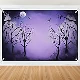NECSOLE 10x8ft Halloween Backdrop Purple Night Misty Forest Moon Bat Devil Happy Halloween Photography Background Creepy Night Magic Witch Decor Supplies Halloween Spooky Party Banner