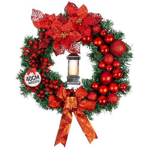 GloBrite 40cm Christmas Wreath with Bows, Baubles & Lantern | Wreaths for Front Door | Door Wreaths Home Decor Christmas Decorations for Outdoor Decorations - Red
