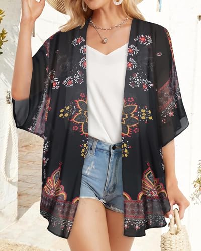 Image of Women's Floral Print Puff Sleeve Kimono Cardigan Loose Cover Up Casual Blouse Tops 2026