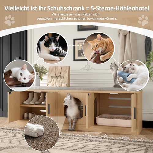 Versteckter Katzenschrank 140 x 40 x 45,5 cm - Integrierter Kratzbaum und Belüftung, Tiermöbel für Flur und Eingangsbereich,Tierhaus, Katzentoilettenschrank,Tiertoilett