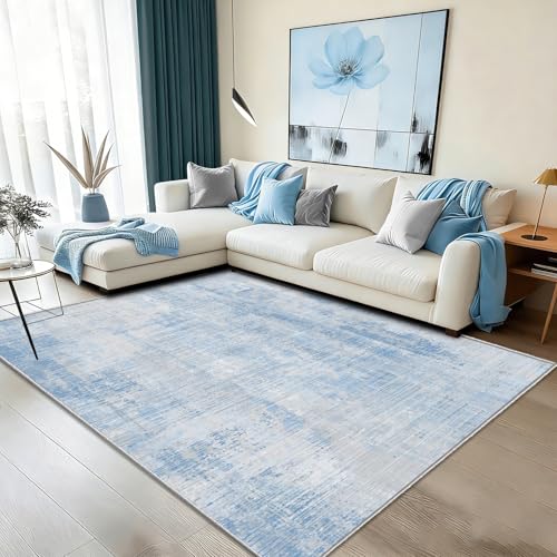 Tapis de salon bleu lavable en machine et antidérapant