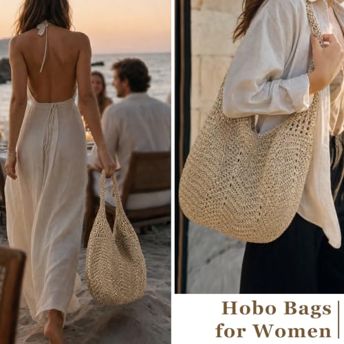 Image of Boho Crochet Shoulder Bag for Women, Colorful Beaded Beach Tote Handbag Lightweight Summer Knit Hobo Purse &Travel Organizer