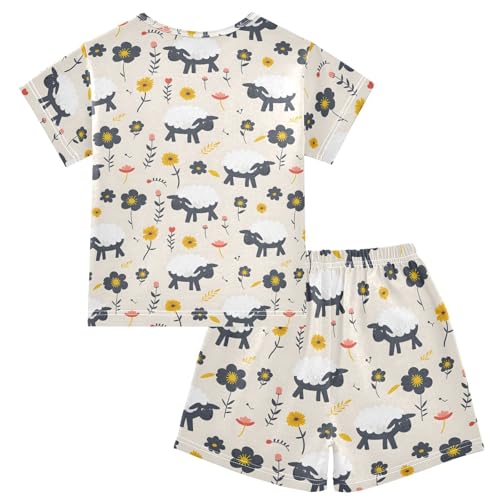 ALAZA Sheep Flower Floral Pajamas Short Sleeve 2 Piece Sleepwear Top and Bottom Pajama Set Unisex2