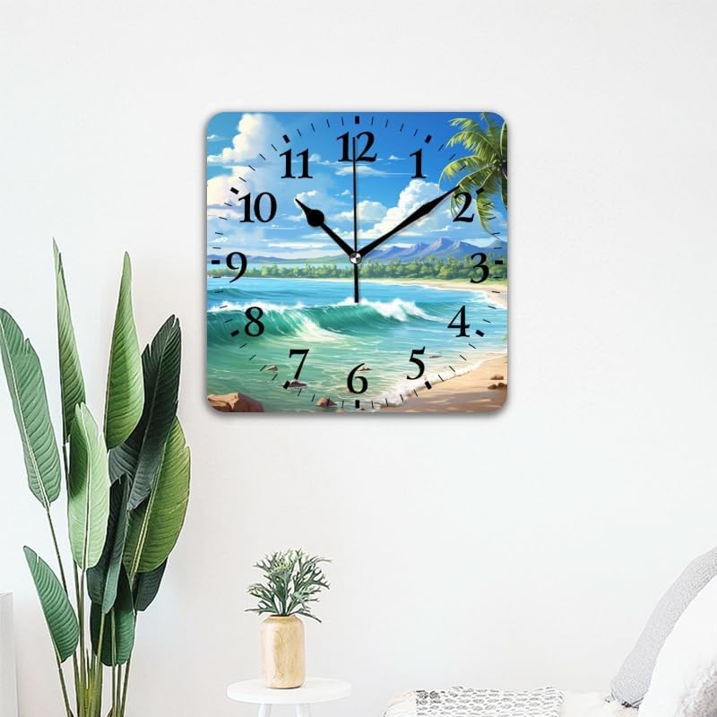 Quartz Wall Clocks Non-Ticking Silent Battery Operated Modern Wall Clocks Decorative for Home,Bedroom-Beautiful Tropical Beach with Palm Trees and Waves(16inch)