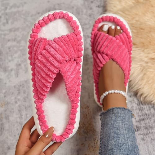 House Slippers for Women Arch Support Open Toe Corduroy Cross Band Fuzzy Slippers Anti-Skid Slip On Cozy Soft Plush Home Shoes Indoor and Outdoor3