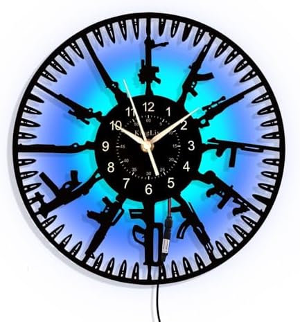 Guns LED Vinyl Record Wall Clock, 12 Inch 7-Color Night Lamp Firearms Decoration Home Theme Clock, Black Wall Decor for Kid's Room/Game Room/Living Room, A Gift for Boy/Boyfriend/Husband/Friend