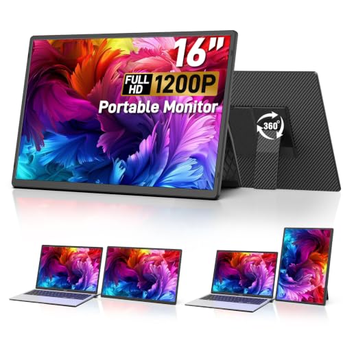 Image of 16″ Portable Monitor for Laptop, 1200P IPS Laptop Screen Extender, Plug & Play Dual Monitor with 360 Rotating Stand, Ultra Slim Travel Monitor for Laptop, PC, MacBook, PS5