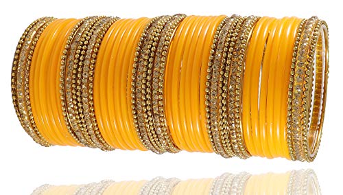 Image of NMII Glass With Zircon Gemstone Studded Worked and Ball Chain Or Plane Gloosy Finished Bangles Set For Women and Girls