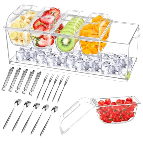 Ice Chilled 5 Compartment Condiment Server Caddy,Condiment Server with Separate Lids, Condiment Pots with 5 Removable Dishes,Serving Tray Platter for Bar Accessories, Fruit, Salad, Taco, Party Garnish