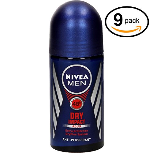(Pack of 9 Bottles) Nivea DRY IMPACT Men's Roll-On Antiperspirant & Deodorant. 48-Hour Protection Against Underarm Wetness. (Pack of 9 Bottles, 1.7oz / 50ml Each Bottle)