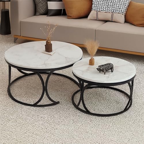 Image of CROWN ART SHOPPEE Round End Table Set of Two Coffee Tables with Engineered Wood Top and Metal Frame, Contemporary Accent Side Table for Office, Bedroom, or Living Room Black White