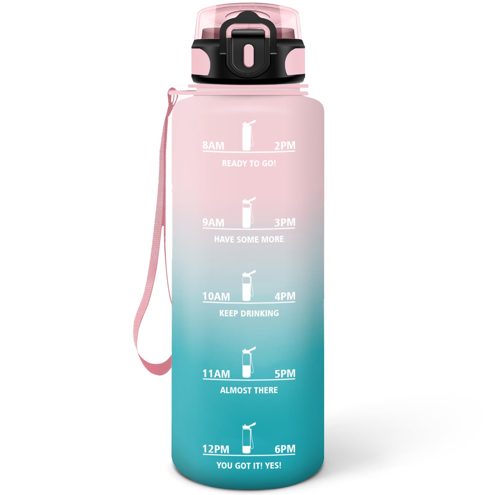 Mulbijeo Trinkflasche 1L, Auslaufsicher mit Zeitmarkierung, Trinkflaschen mit Filter, Trinkflasche Kohlensäure Geeignet, Wasserflasche für Fahrrad, Outdoor, Yoga, Fitness - Pink & Cyan