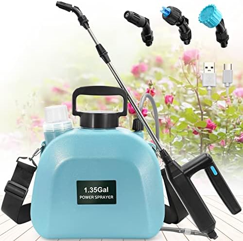 Battery Powered Sprayer 1.35Gallon, Upgrade Electric Sprayer with 3 Mist Nozzles, USB Rechargeable Handle and Retractable Wand, Garden Sprayer with Adjustable Shoulder Strap for Lawn,Garden,Cleaning
