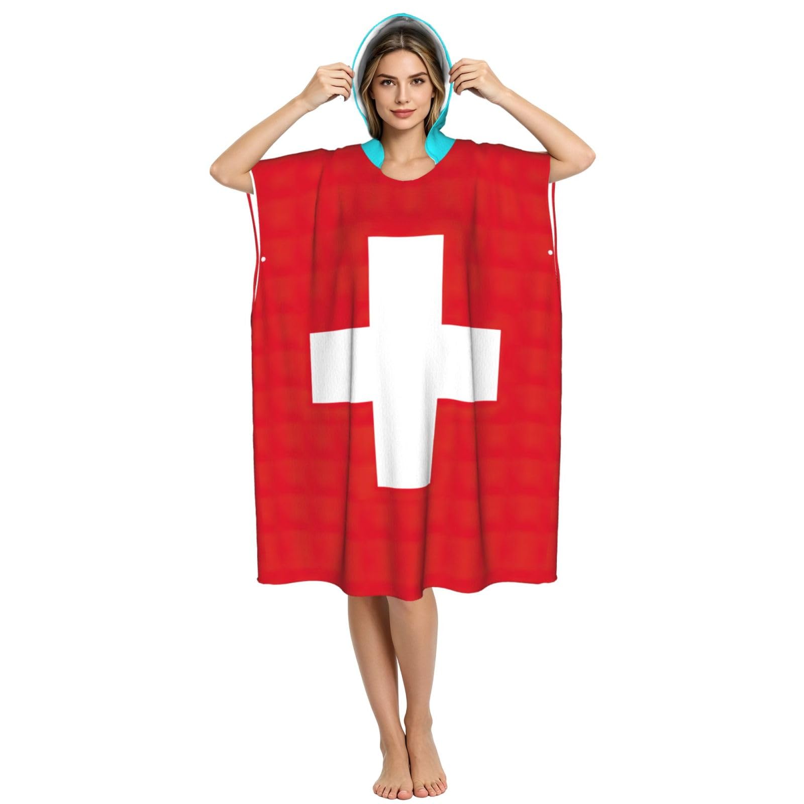 Yyoretp Swiss Flag Print Surf Poncho Changing Towel Swim Robe Hoodie Quick Dry Terry Cloth Swimming Cover Up