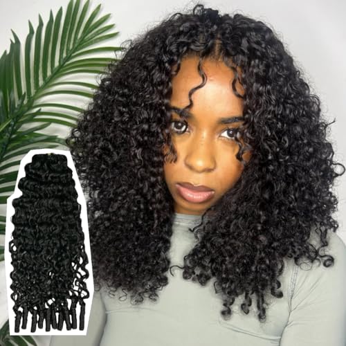 Lightweight Water Curly Crochet Human Hair Extension Spriral End Curly Knotless Pre-Separated Feather Crochet Hair Extensions Natural Black 16inch 240...