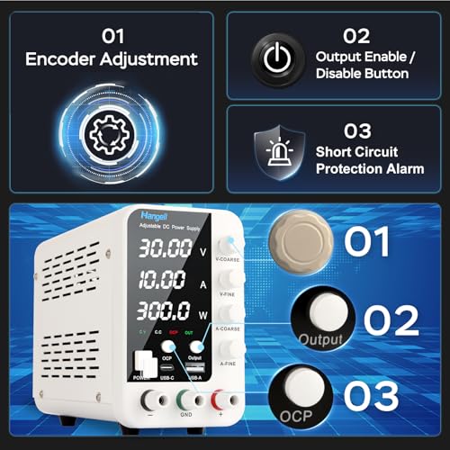 Image of DC Power Supply Variable, 30V 10A Bench Power Supply with Encoder Coarse & Fine Adjustments Knob, Adjustable Switching Regulated lab Power Supplies with 18W USB & Type-C Quick-Charge