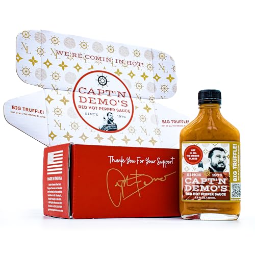Image of CAPT'N DEMO'S Truffle Hot Sauce BIG TRUFFLE FLASK - Gourmet Red Sauce with Real White & Black Truffle - Hot Honey Garlic Blend - Small Batch Luxury Hot Sauce Gift Set - (1 Pack - BIG Travel Bottle)