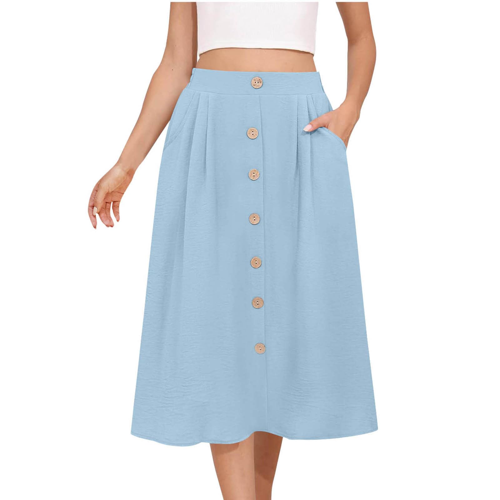 Womens 2025 Summer Skirts Casual Front Button A-Line High Waisted Midi Long Skirt Dressy Teacher Outfits with Pockets