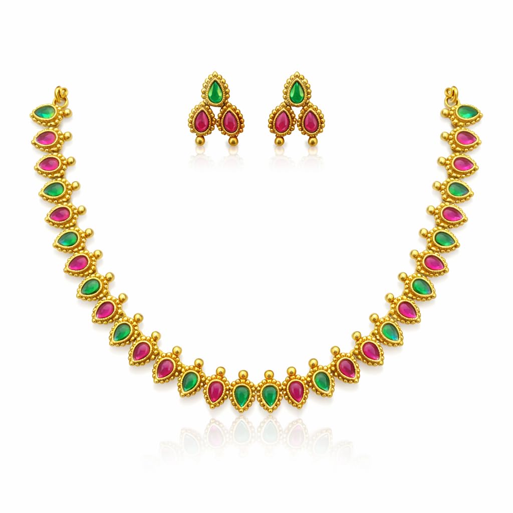 Gold Matte Finish Bridal Necklace & Earrings Set – Heritage Special Jewelry (Ruby Red & Green)