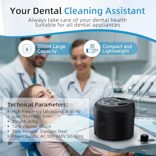 Image of Ultrasonic Retainer Cleaner Machine, 45kHz Dental Cleaning Pod for Dentures, Jewelry, Toothbrush Heads, Mouth Guards, Aligners, Braces, 200ML Denture Cleaner 4 Modes & Digital Timer, Black
